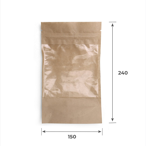Пакет Дой-Пак бумажный крафт 40г/м2 с прозрачным окошком с замком зип-лок 150*240